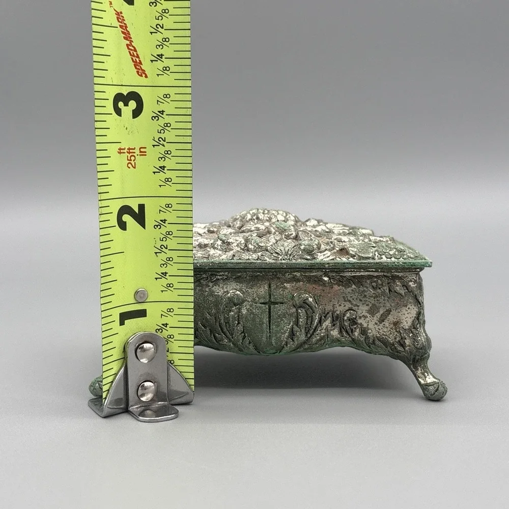 Vintage Metal Jewelry Box Trinket Footed Velvet Lining Cross Religious Patina‎